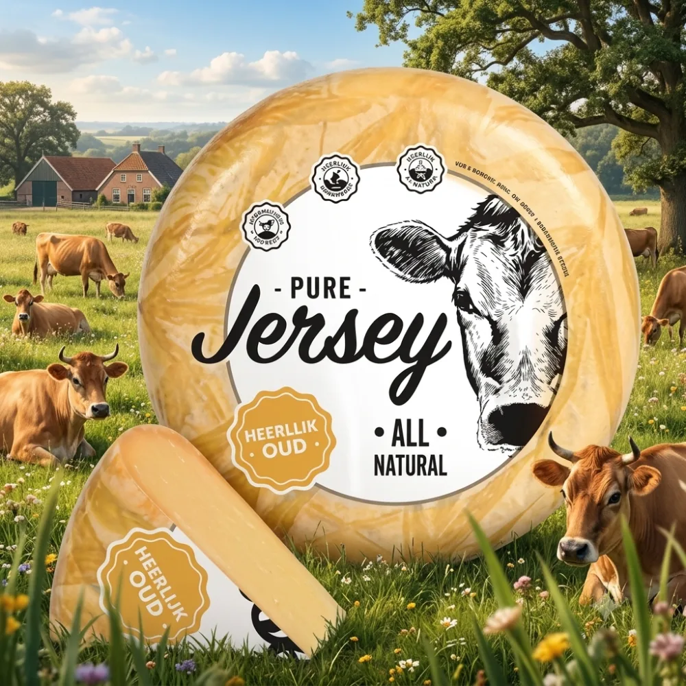 Jersey Heerlijk Oud — Oude kaas van Jerseymelk — voller en dieper geel dan gewone koemelk.