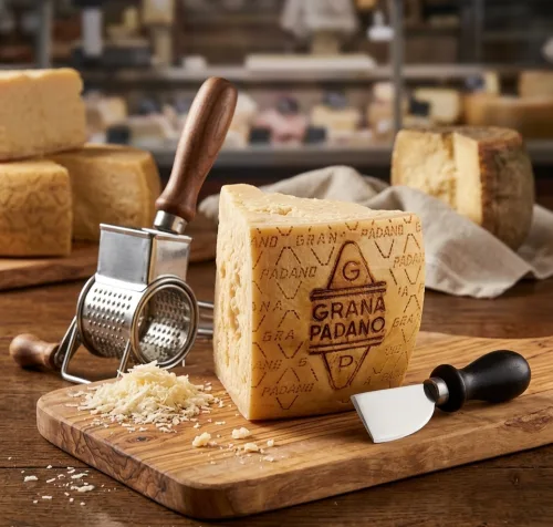 Grana Pardano — Italiaanse harde kaas, korrelig van structuur en zout-nootachtig van smaak.