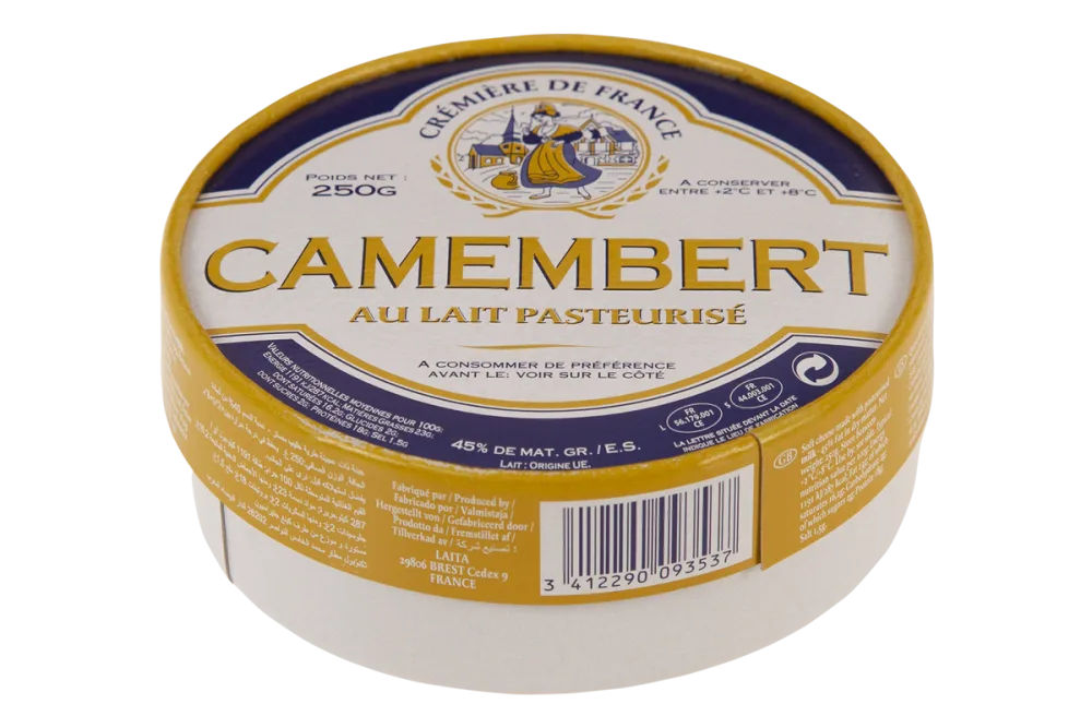 Camembert Creme de France — Voller en pittiger dan brie, met dezelfde witte korst.
